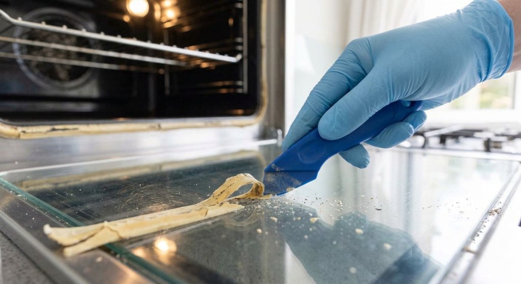 remove silicone from glass oven doors safely